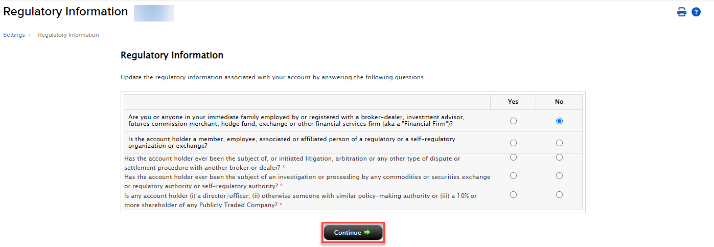 The regulatory information panel in advisor portal.